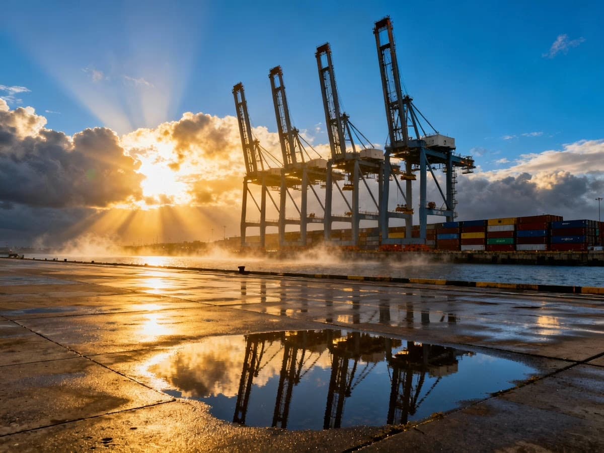 Port cranes at an energy and logistics terminal at sunrise